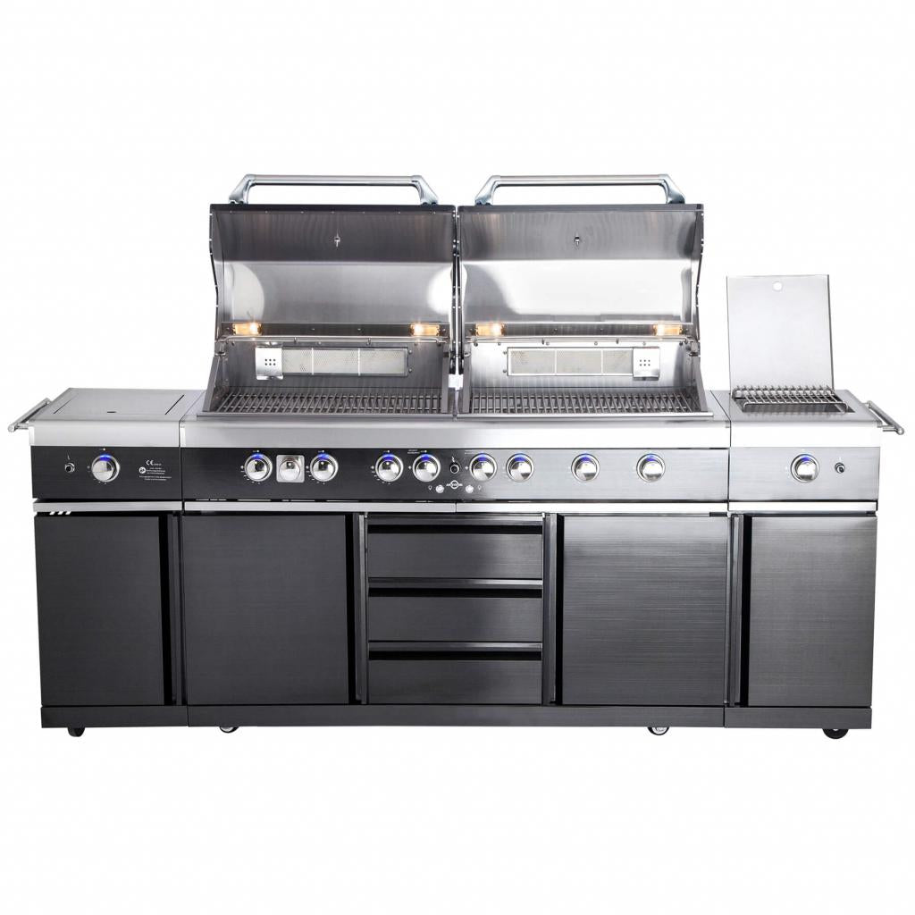 Voll-Edelstahl Außenküche ALL'GRILL EXTREM BLACK-Line Steakzone® mit 34,7 kW Leistung, 6-flammig, inkl. Seitenkocher und Air System
