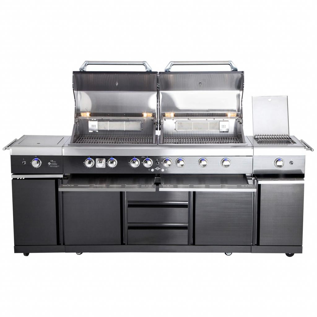 Voll-Edelstahl Außenküche ALL'GRILL EXTREM BLACK-Line Steakzone® mit 34,7 kW Leistung, 6-flammig, inkl. Seitenkocher und Air System