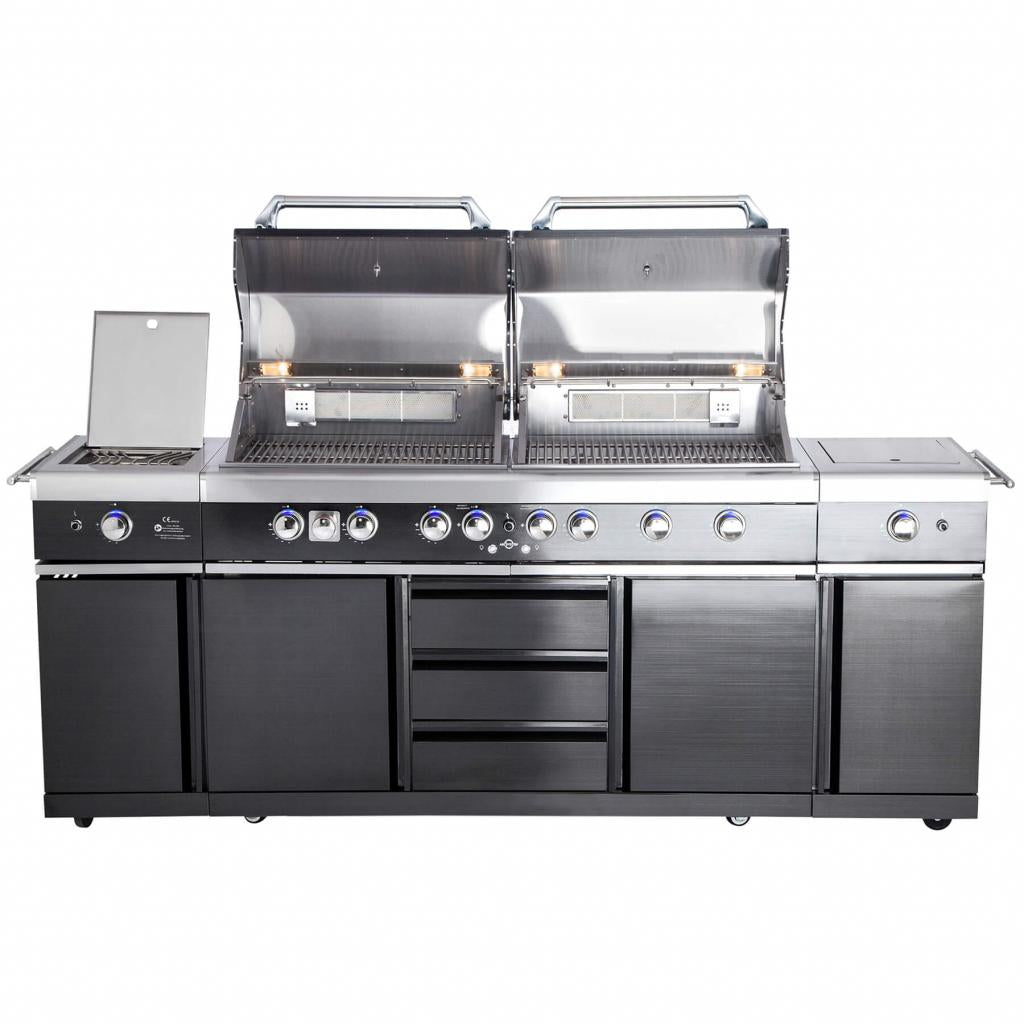 Voll-Edelstahl Außenküche ALL'GRILL EXTREM BLACK-Line Steakzone® mit 34,7 kW Leistung, 6-flammig, inkl. Seitenkocher und Air System