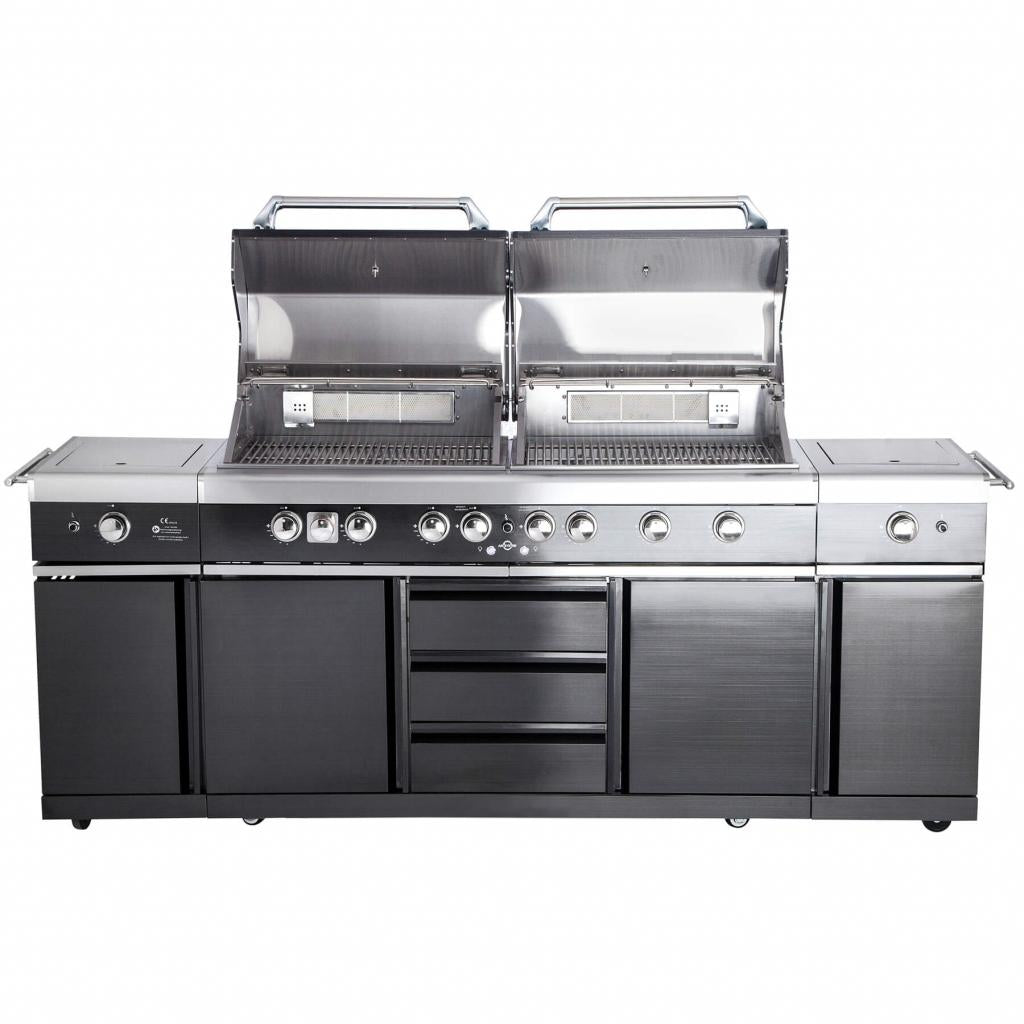 Voll-Edelstahl Außenküche ALL'GRILL EXTREM BLACK-Line Steakzone® mit 34,7 kW Leistung, 6-flammig, inkl. Seitenkocher und Air System