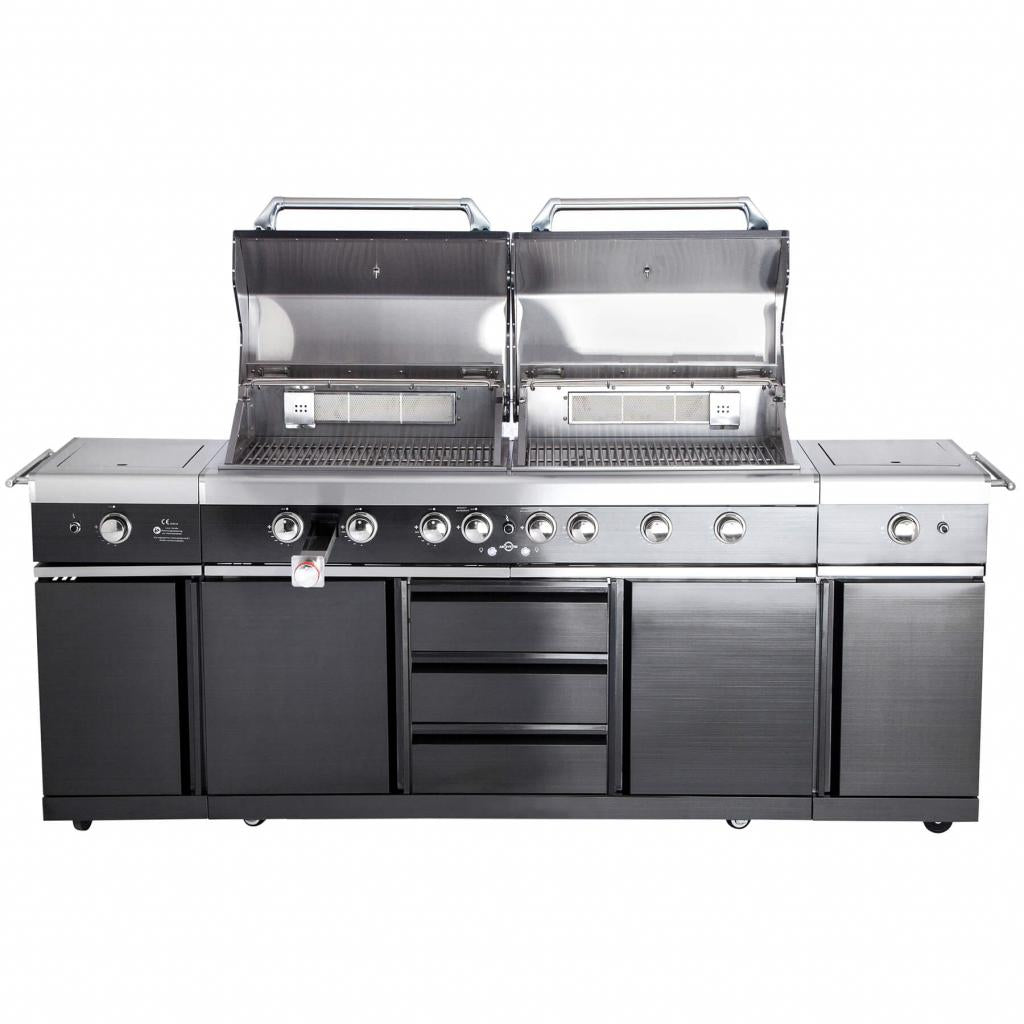 Voll-Edelstahl Außenküche ALL'GRILL EXTREM BLACK-Line Steakzone® mit 34,7 kW Leistung, 6-flammig, inkl. Seitenkocher und Air System