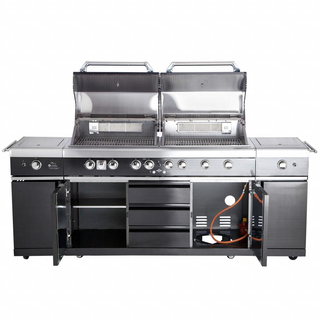 Voll-Edelstahl Außenküche ALL'GRILL EXTREM BLACK-Line Steakzone® mit 34,7 kW Leistung, 6-flammig, inkl. Seitenkocher und Air System