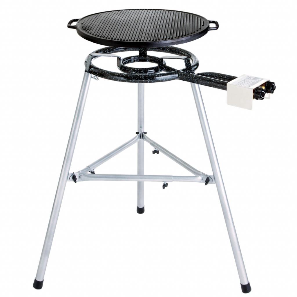 Robuste Gussgrillplatte Ø 45 cm, beidseitig verwendbar, inkl. Paella-Grill-Set 2 mit 2-Ring Gasbrenner Ø 35 cm, stabiler Dreibein-Ständer