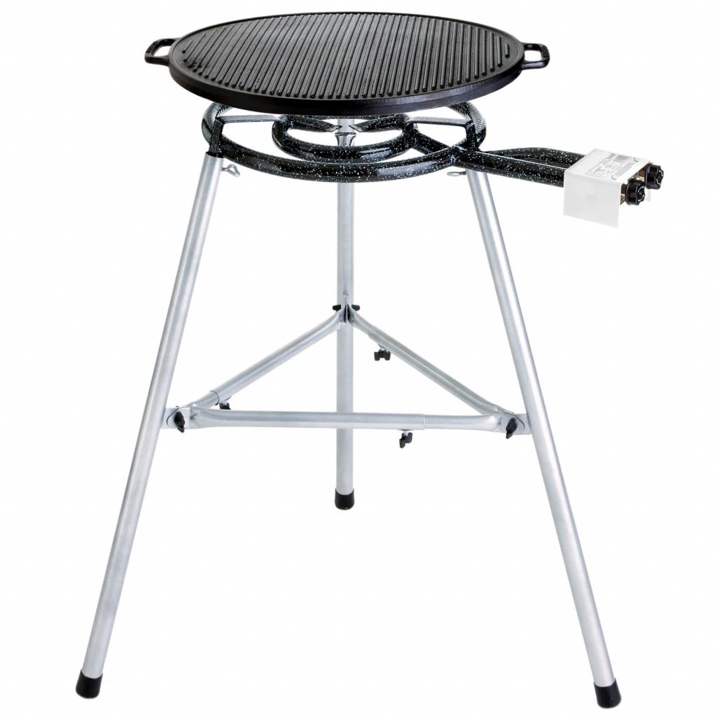 Massiver Gussgrill Ø 55 cm mit 2-Ring Gasbrenner und Dreibein-Ständer: Gastro-Catering-Grill, Gussgrillplatten-Set 3