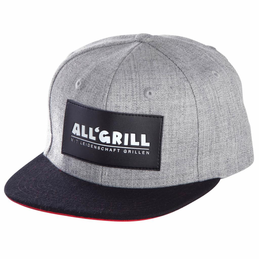 Größenverstellbare ALL'GRILL-Kappe grau mit Lederapplikation und gesticktem Logo: Perfekter Sonnenschutz beim Grillen im Freien