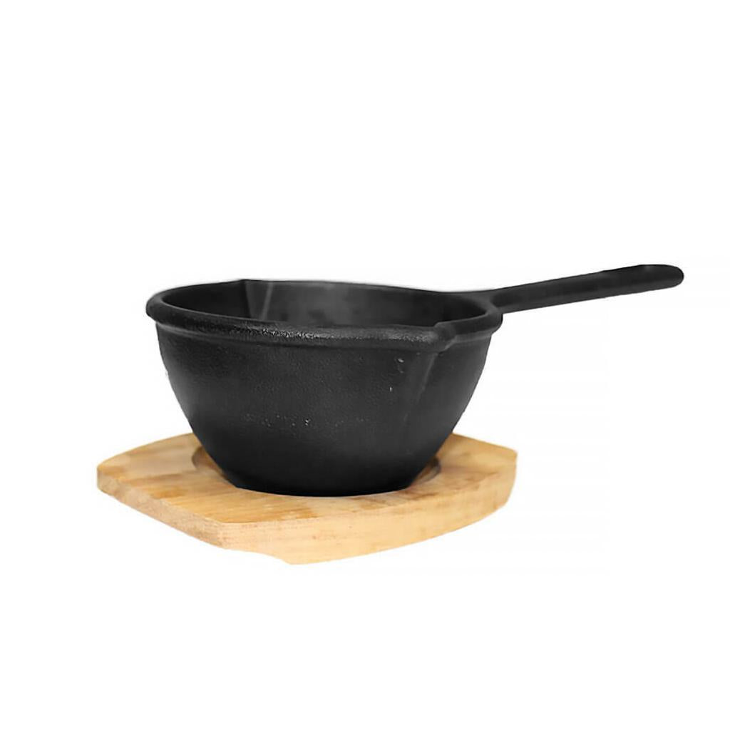 Soßentopf Ø 12 cm, 6 cm hoch, 0,4 l Volumen, inkl. Holzuntersetzer - Schwarz, für alle Herdarten geeignet, gute Wärmeverteilung und einfache Reinigung
