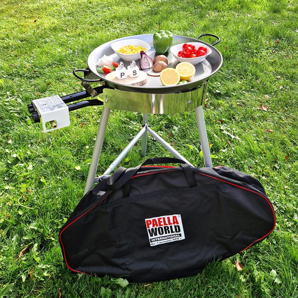 Hochwertiges Paella Grill-Set für Single-Griller: Pfanne Ø 38 cm, 2-Ring-Brenner Ø 30 cm, 7,5 kW, stabiler Dreibein-Ständer, höhenverstellbar