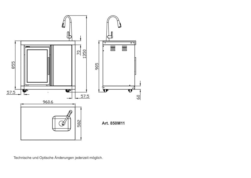 Anbauwaschbecken/Kühlschrankkombination inkl. CASO Kühlschrank - 96x58x90 cm, Volledelstahl, Marmoroberfläche, Modul 1