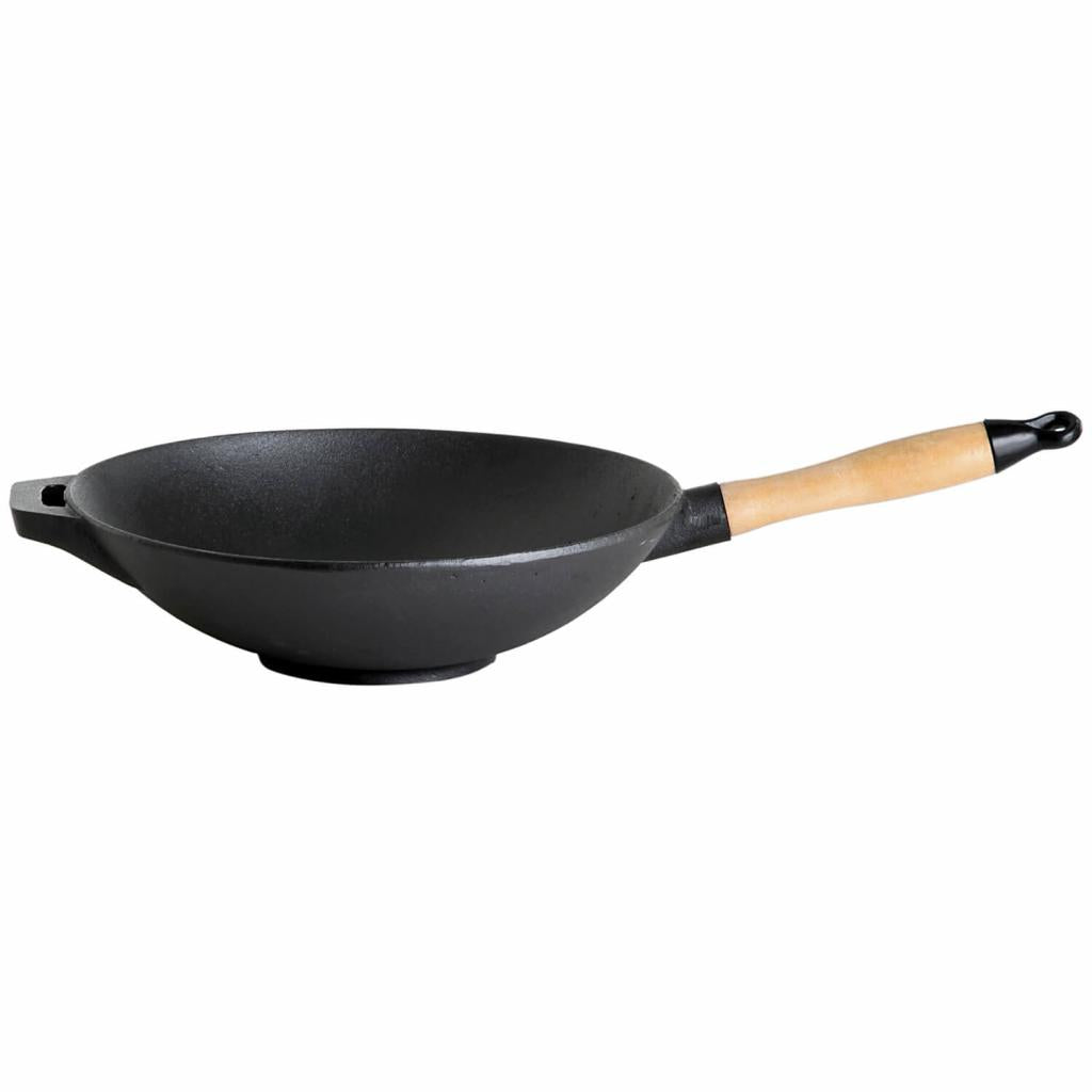 Gusseisen-Wok Ø 30 cm, schwarz, mit abnehmbarem Holzstiel - für alle Herdarten geeignet, inkl. Induktion - solide und robust