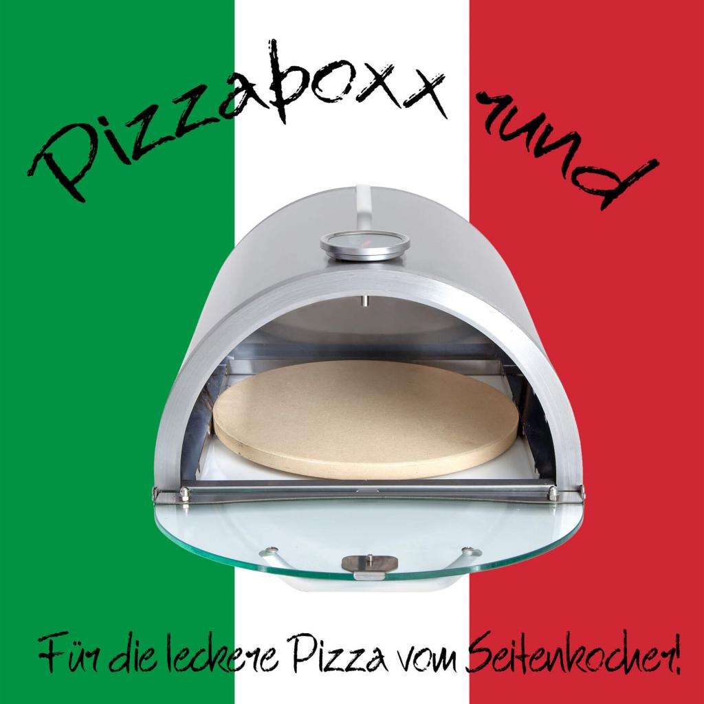 ALL'GRILL Pizzaboxx® - Runder Edelstahl-Aufsatz für Gasgrills mit Seitenkochfeld, inkl. Pizzastein und Temperaturanzeige, Abmessungen 32x37x19 cm