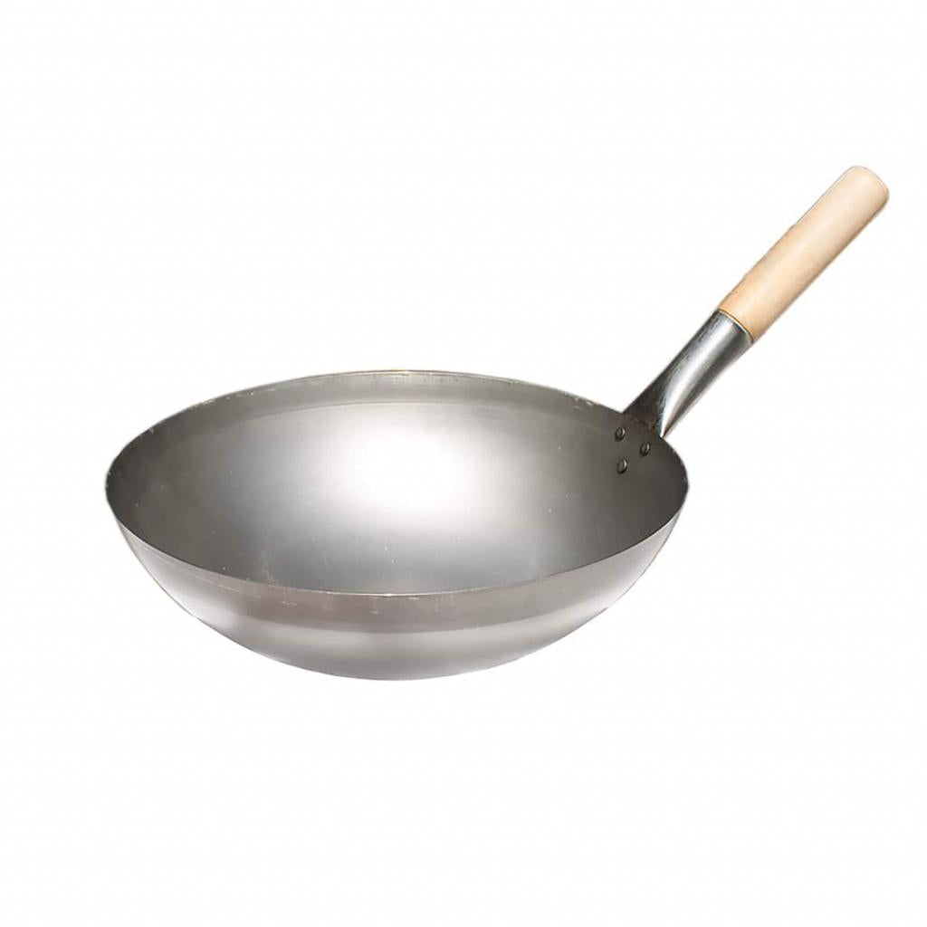 Original chinesischer Wok Ø 33 cm aus Stahl ohne Beschichtung, stabiler Holzgriff, runder Boden