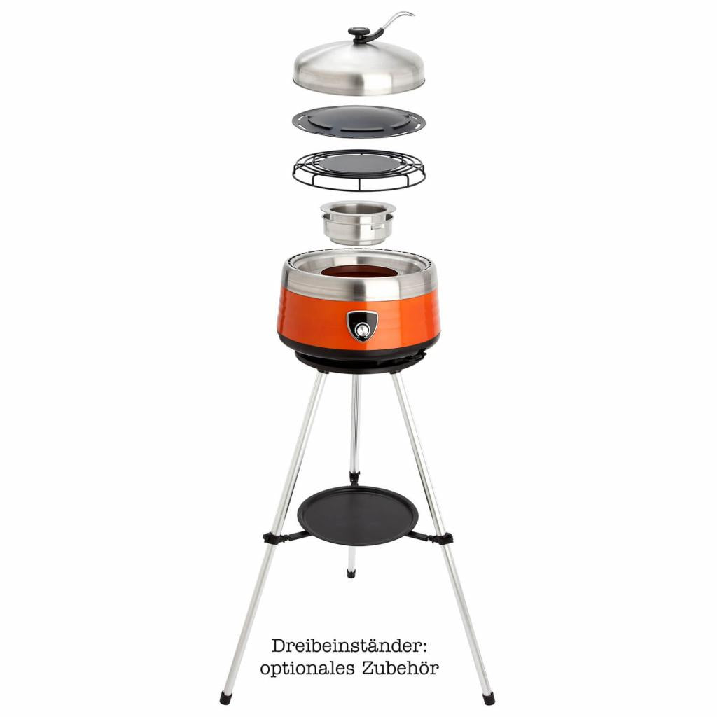 Leichter Holzkohlegrill Ø 38 cm mit Zubehör und Transporttasche: Vulcano - der multifunktionale Grill inkl. 2 Grillaufsätzen und Haube