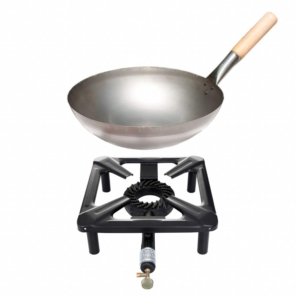 Hockerkocher-Set (klein) - Gasbrenner + Stahlwok Ø 30 cm - Camping, Freizeit, Profiköche