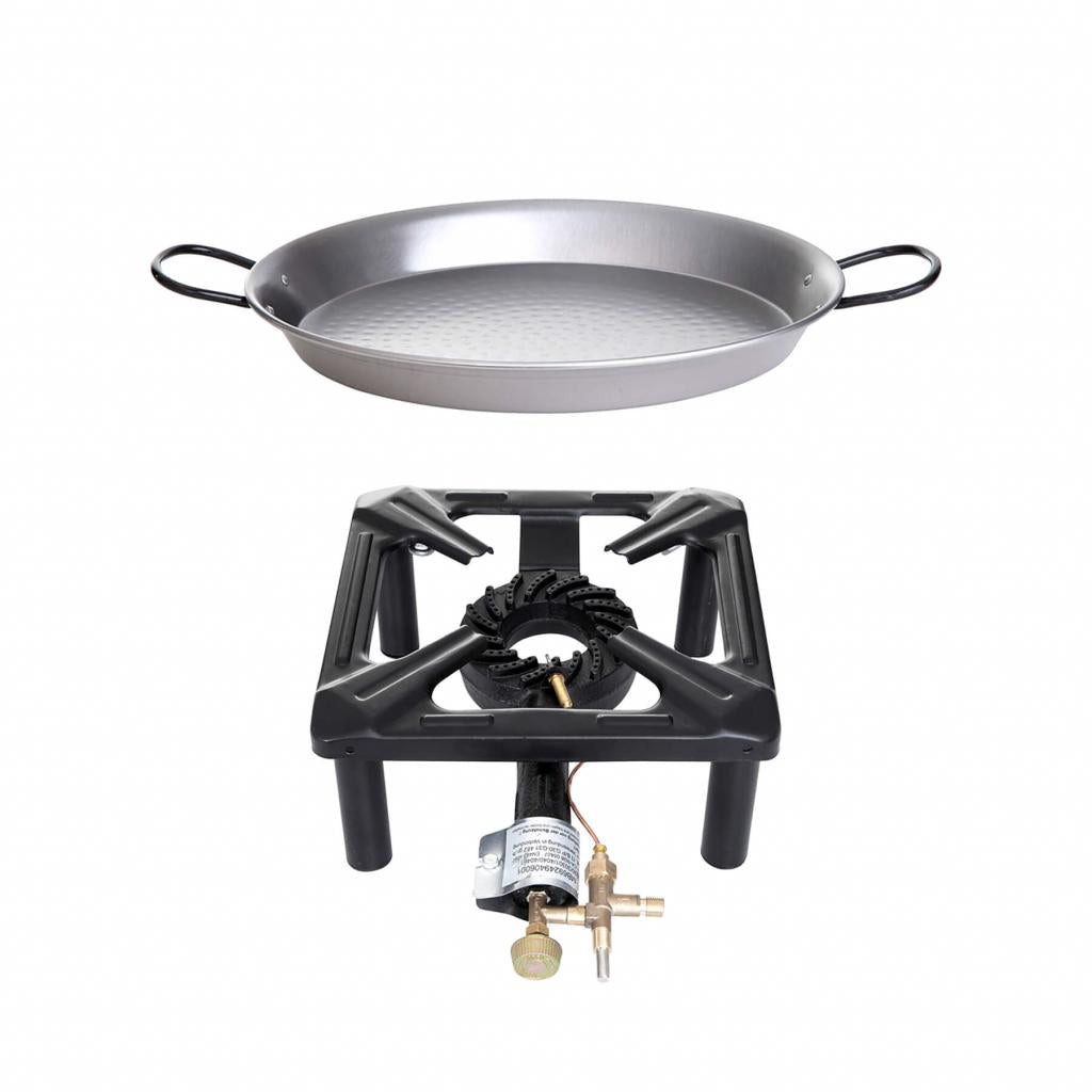 Hockerkocher-Set (klein) - mit Zündsicherung - mit Paella Pfanne Stahl Ø 32 cm