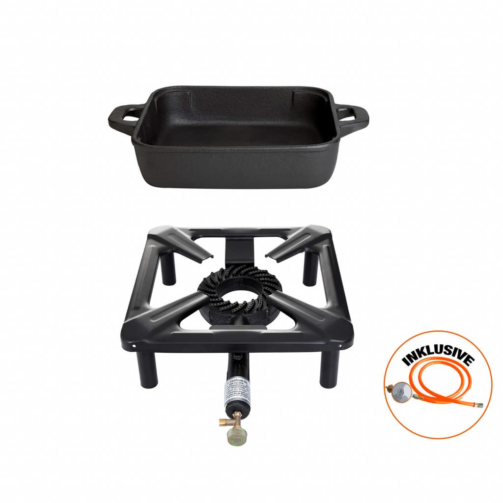 Hockerkocher Set: Gasbrenner + Gusspfanne quadratisch, 30x30x14 cm, 4 kW, für Camping und Profiköche