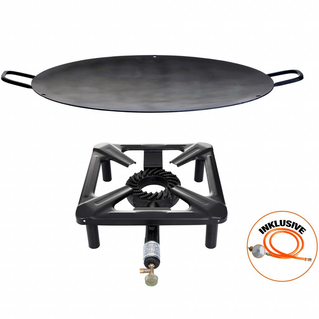 Hockerkocher-Set (klein) - Gasbrenner + Eisen-Wok/Grillschale Ø 50 cm - Camping und Freizeit