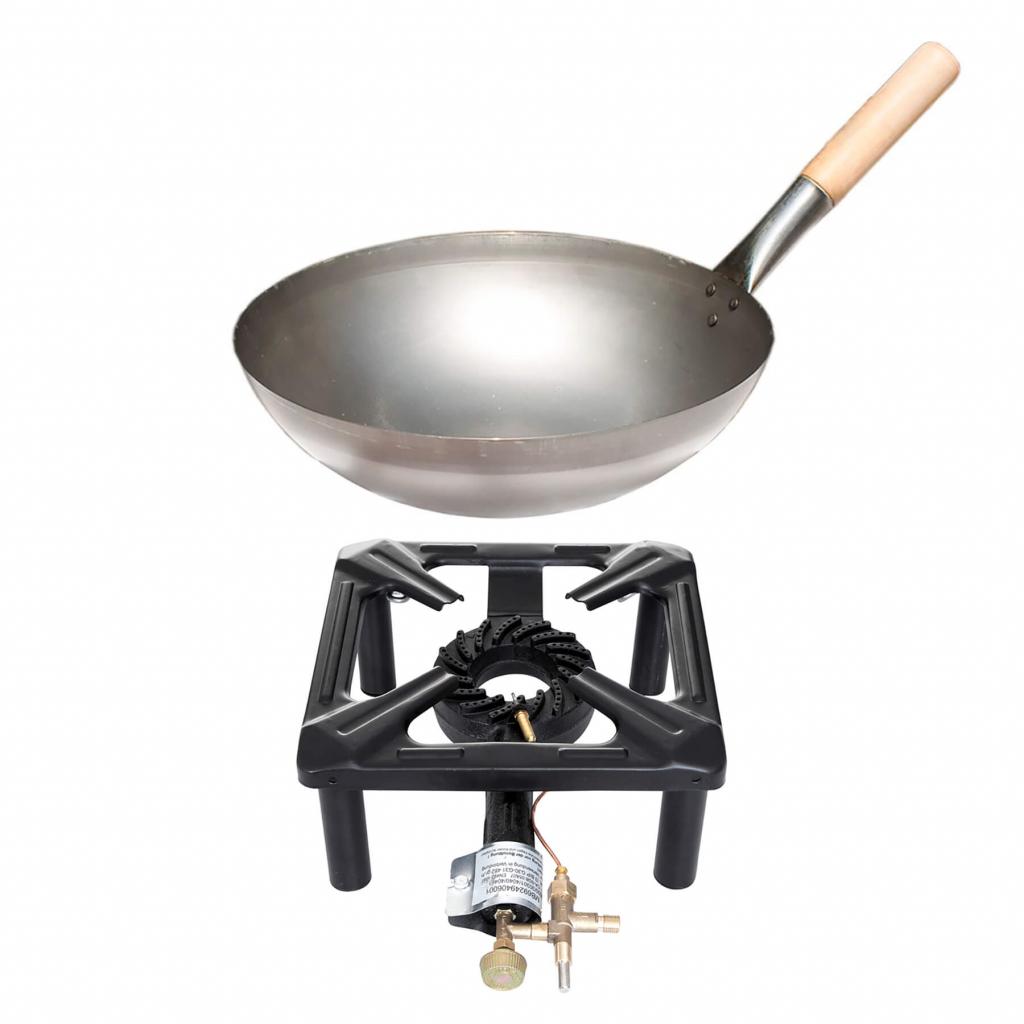 Hockerkocher-Set (klein) mit Zündsicherung, mit Stahl-Wok Ø 30 cm - ideal für Camping und Profiköche 4kW