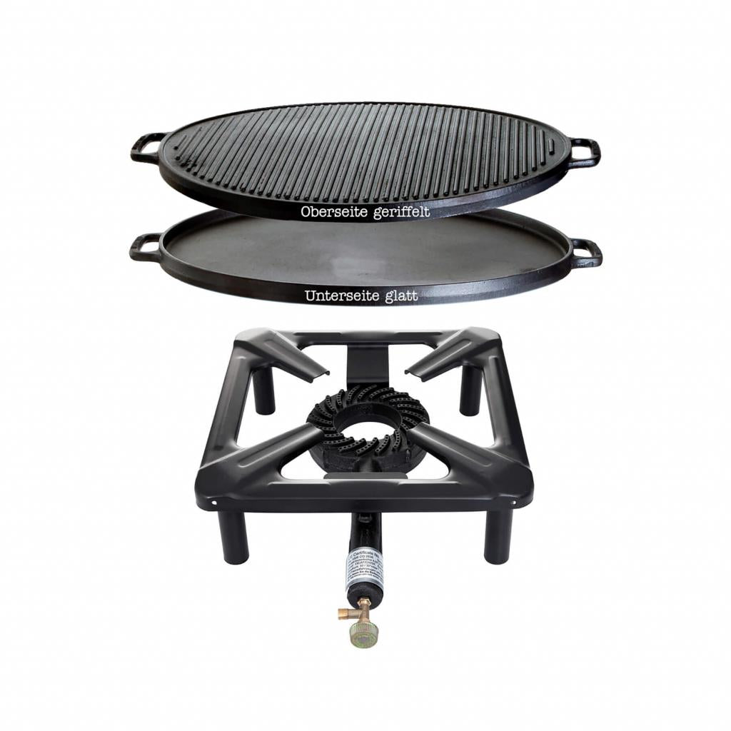 Hockerkocher und Gusseisen Grillplatte Ø 45 cm - ideal für Camping und Profiköche - Aktion Set Angebot!