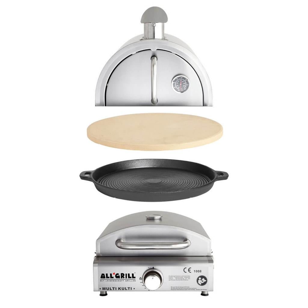 Multi-Kulti-Gasgrill: Portabler Grill inkl. Pizzabackhaube, Pizzastein, Gussgrillplatte und umfangreichem Zubehör