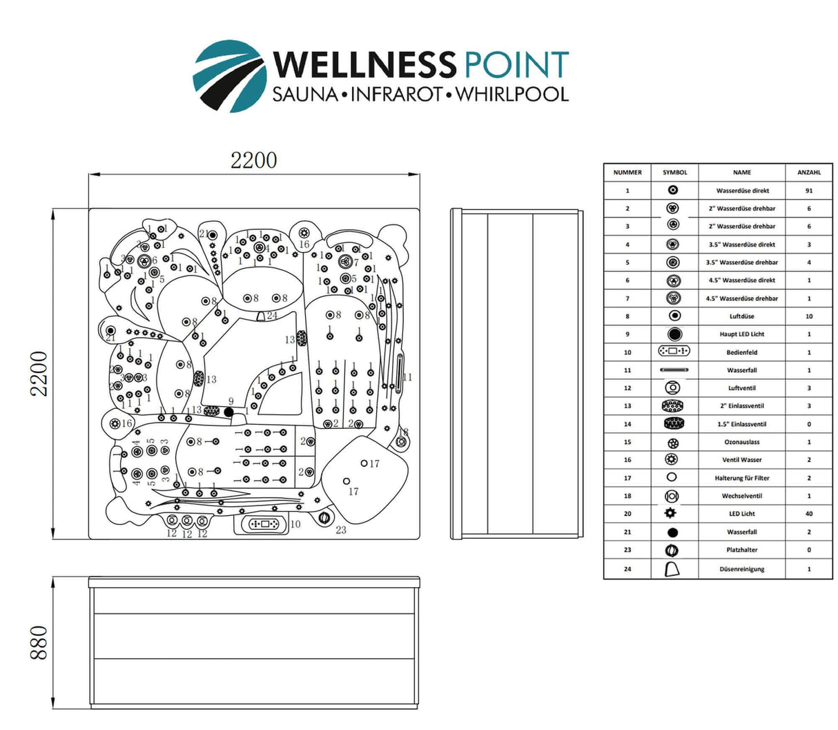 PureHaven Imperia American Outdoor-Whirlpool 220x220 cm für 6 Personen mit 71 Massagedüsen Heizung LEDs Thermoabdeckung Farbe Sterling Silber/Grau #1