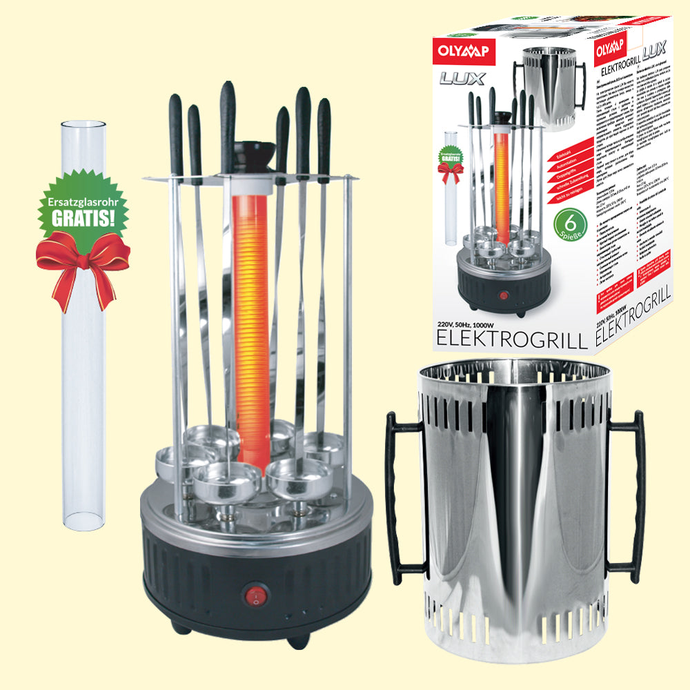 Olymp Elektrischer Grill LUX 1000 W, 6 Grillspieße, 200°C, Rauchfrei, 1 kg Schaschlik, 20 Minuten Garzeit, Rotierende Spieße, Spezielle Fettbehälter