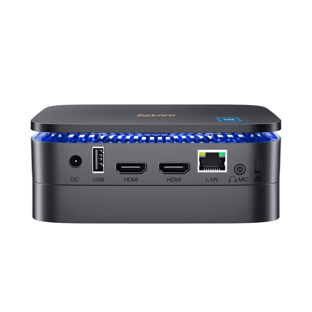 Blackview MP60 Mini PC – Rückansicht mit zwei HDMI-Ports, USB, LAN, Mikrofon- und Netzanschluss