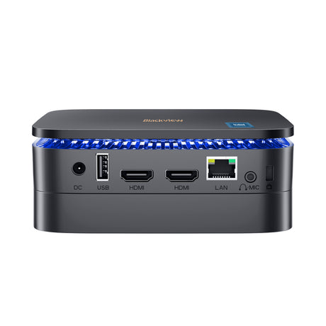 Blackview MP60 Mini PC – Rückansicht mit zwei HDMI-Ports, USB, LAN, Mikrofon- und Netzanschluss