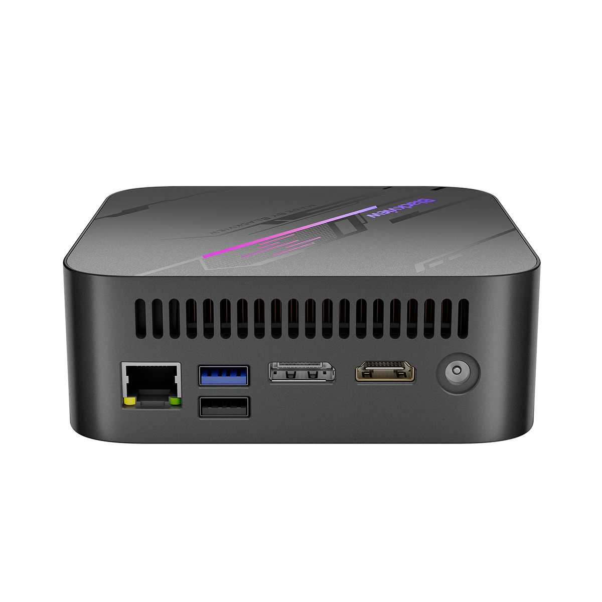 Blackview MP100 Mini PC – Rückansicht, LAN-Port, zwei USB-Ports, DisplayPort, HDMI-Anschluss und Strombuchse im Überblick