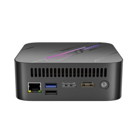 Blackview MP100 Mini PC – Rückansicht, LAN-Port, zwei USB-Ports, DisplayPort, HDMI-Anschluss und Strombuchse im Überblick