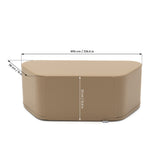 Beige, gepolsterter Hocker mit abgerundeten Kanten und Maßen angegeben