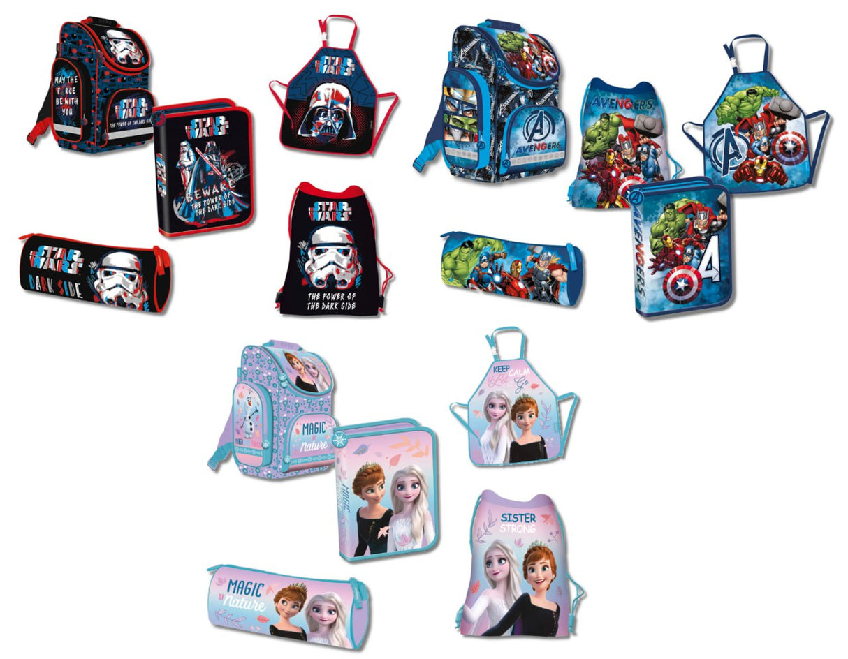Alle Schulranzensets – Übersicht – Übersicht aller Sets, inklusive Schulranzen, Federmäppchen, Schlampermäppchen, Turnbeutel und Schürze.
