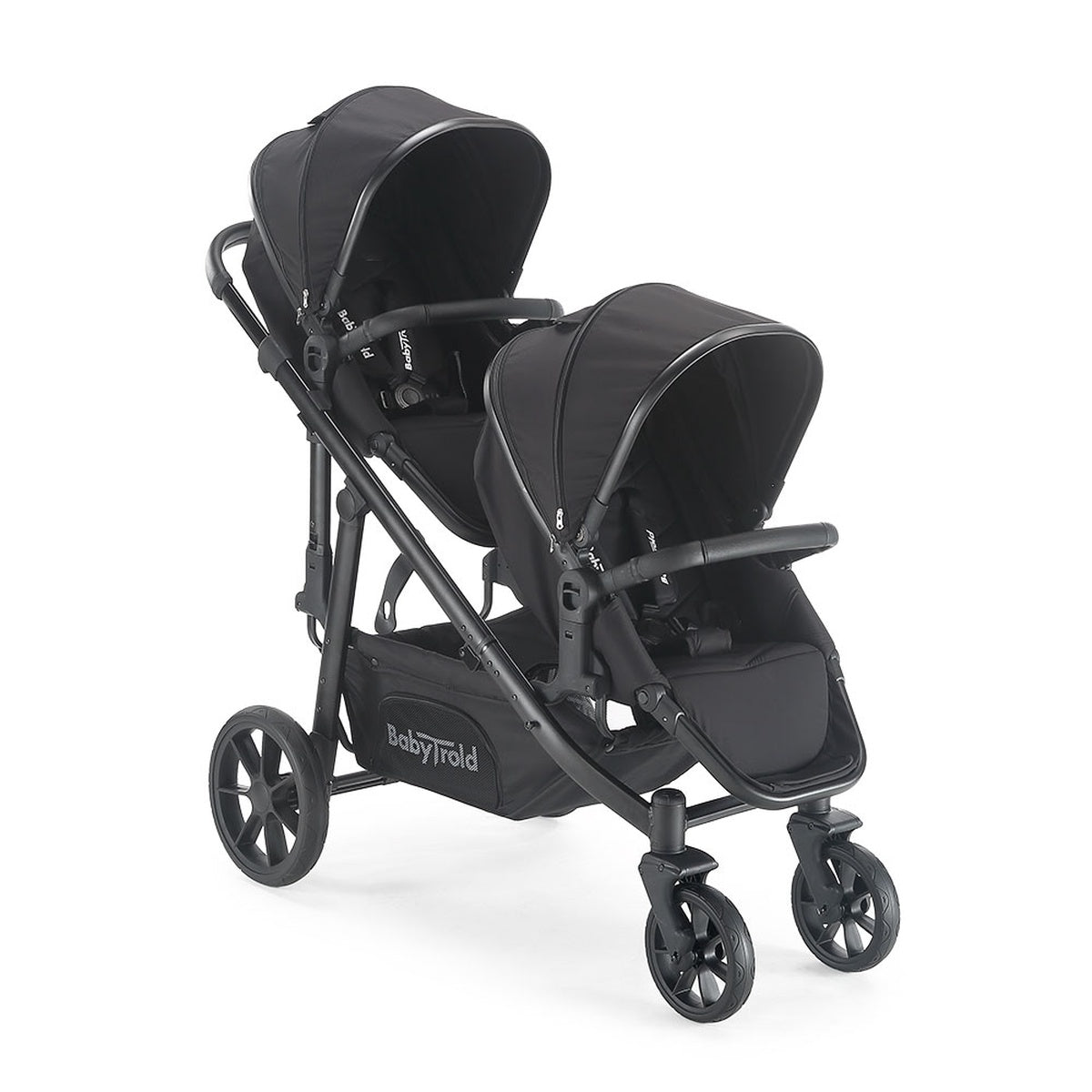 Doppel-Kinderwagen in Schwarz mit zwei Sitzen und verstellbaren Sonnenverdecken