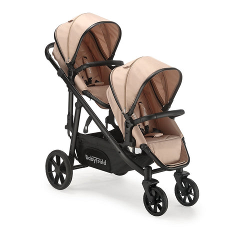 Doppel-Kinderwagen in Beige mit zwei Sitzen und verstellbaren Sonnenverdecken