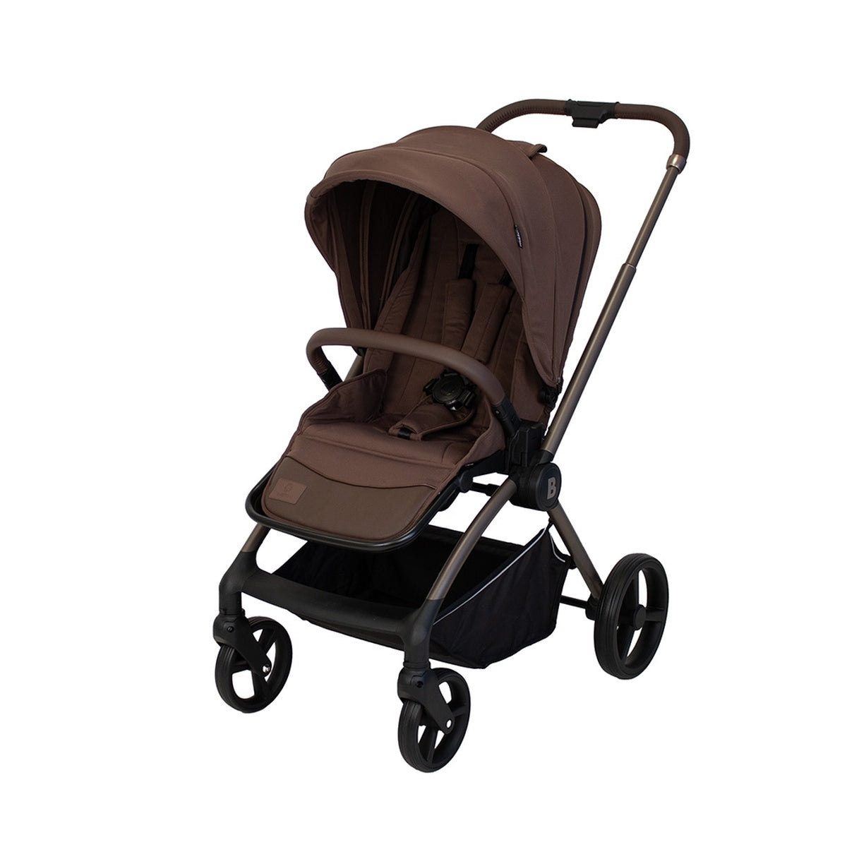 Brauner Kinderwagen mit verstellbarem Verdeck und großen Rädern