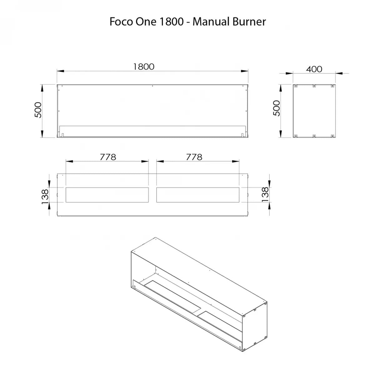 CACH Fires Foco One 1800, Großer einseitiger Ethanol-Einbaukamin 180 cm, manueller oder automatischer Brenner, 13 kW, 8,8 kW.