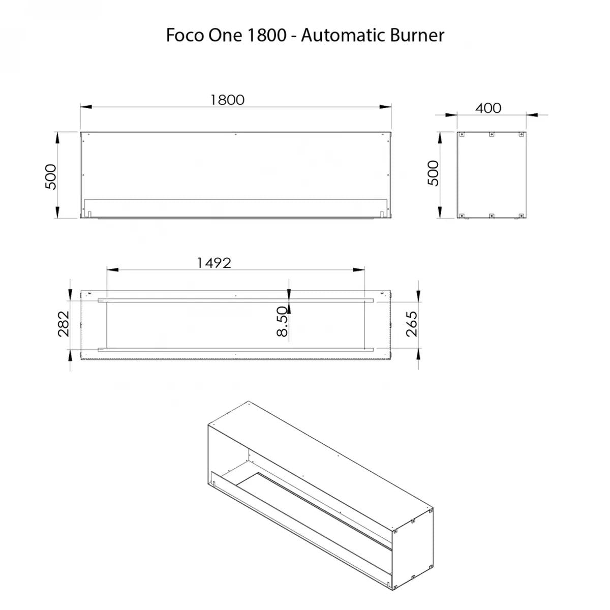 CACH Fires Foco One 1800, Großer einseitiger Ethanol-Einbaukamin 180 cm, manueller oder automatischer Brenner, 13 kW, 8,8 kW.