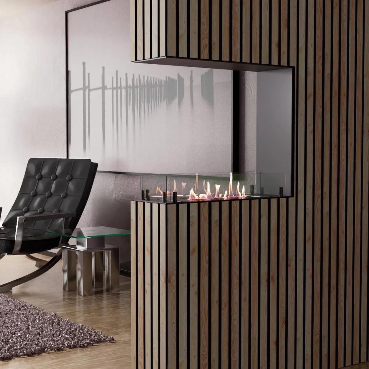 CACH Fires Foco Raumteiler 600 Slim, Schwarz, 60x50x20 cm, Bioethanol-Einbaukamin, manueller Brenner, 7,5 Stunden Brenndauer, 2,4 kW.
