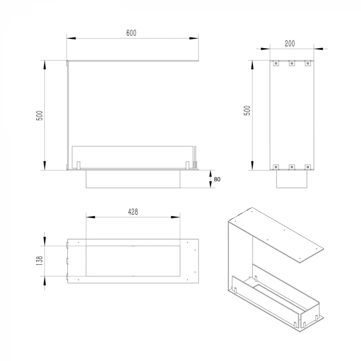 CACH Fires Foco Raumteiler 600 Slim, Schwarz, 60x50x20 cm, Bioethanol-Einbaukamin, manueller Brenner, 7,5 Stunden Brenndauer, 2,4 kW.