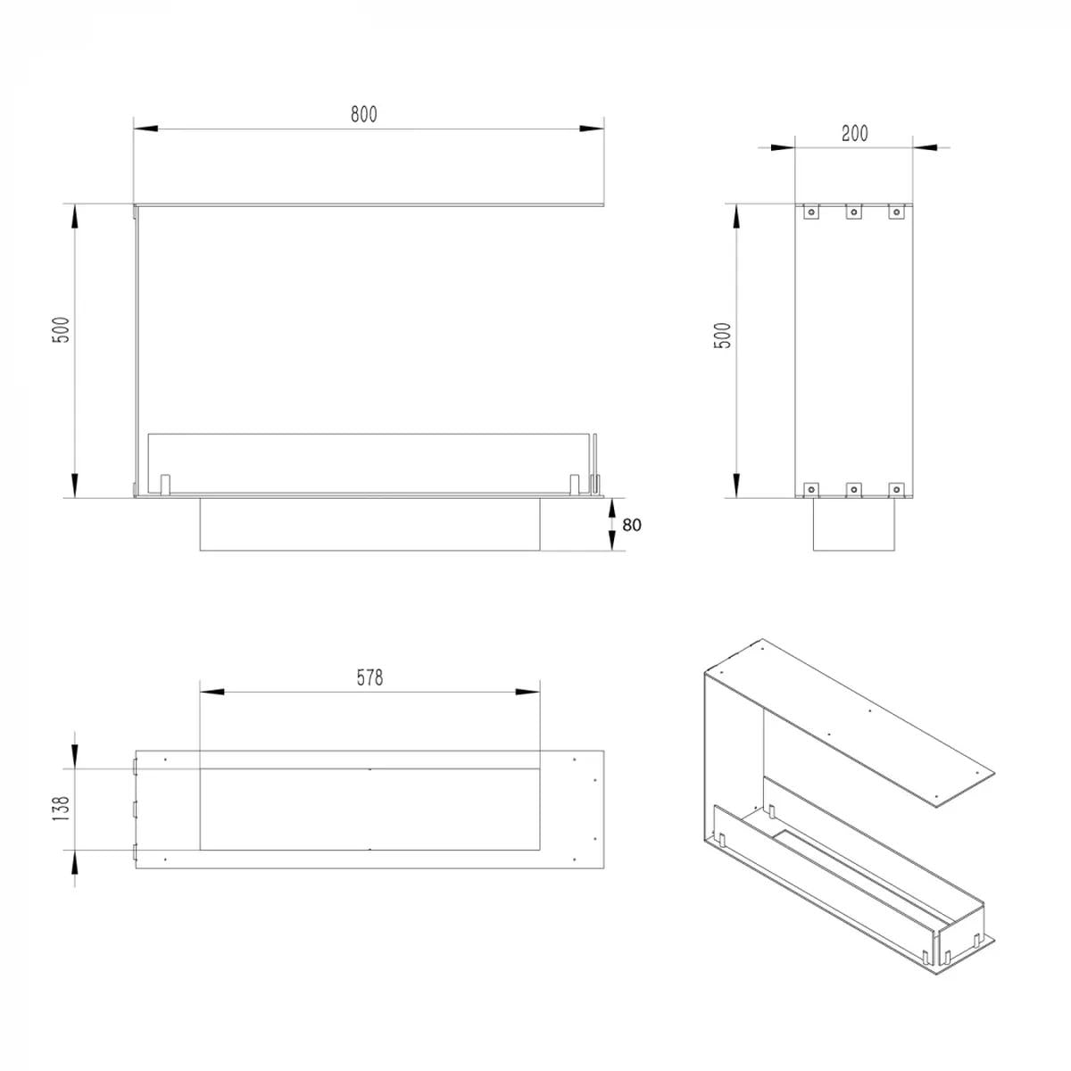 CACH Fires Foco Raumteiler 800 Slim, Schwarz, 80x50x20 cm, Bioethanol-Einbaukamin, manueller Brenner, 7,5 Stunden Brenndauer, 3,3 kW.