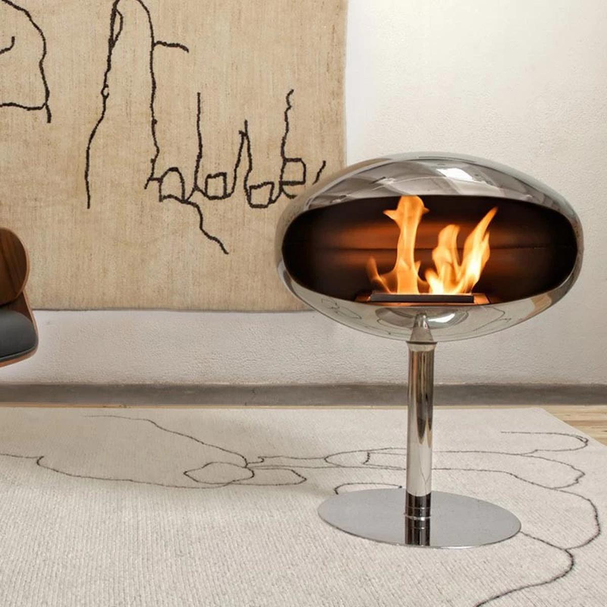 CACH Fires Kokonsockel, polierter Stahl, freistehender Bioethanol-Kamin, 3 kW