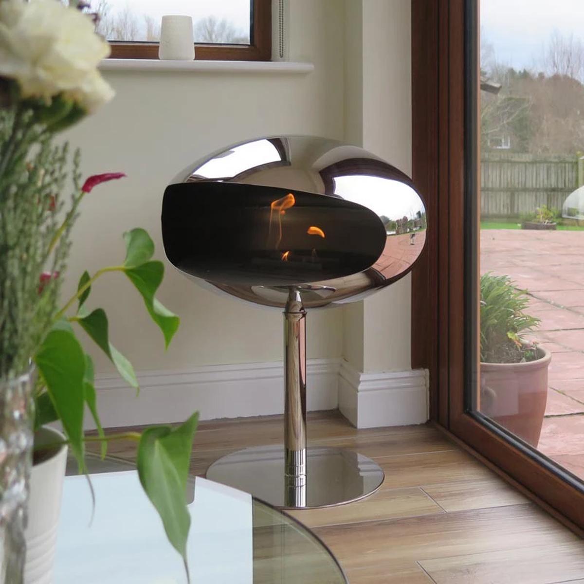 CACH Fires Kokonsockel, polierter Stahl, freistehender Bioethanol-Kamin, 3 kW