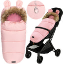 Rosa Kinderwagenfußsack mit Fellkragen und Ohren, warm und gemütlich