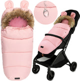 Rosa Kinderwagenfußsack mit Fellkragen und Ohren, warm und gemütlich