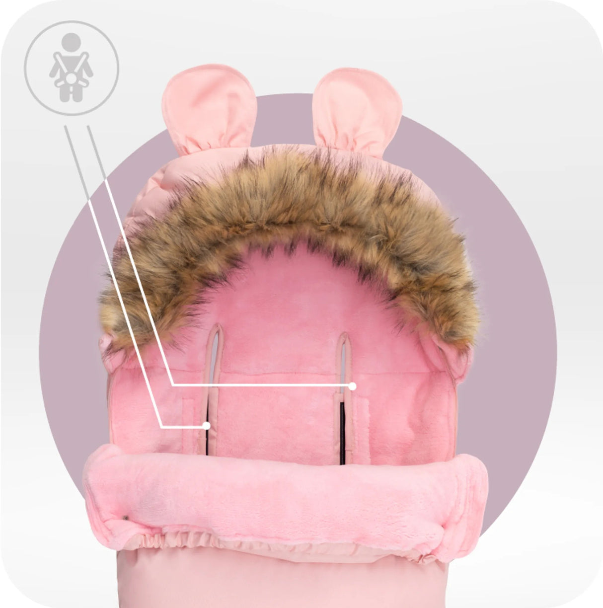 Rosa Kinderwagenfußsack mit Fellkragen und Ohren-Design