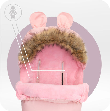 Rosa Kinderwagenfußsack mit Fellkragen und Ohren-Design