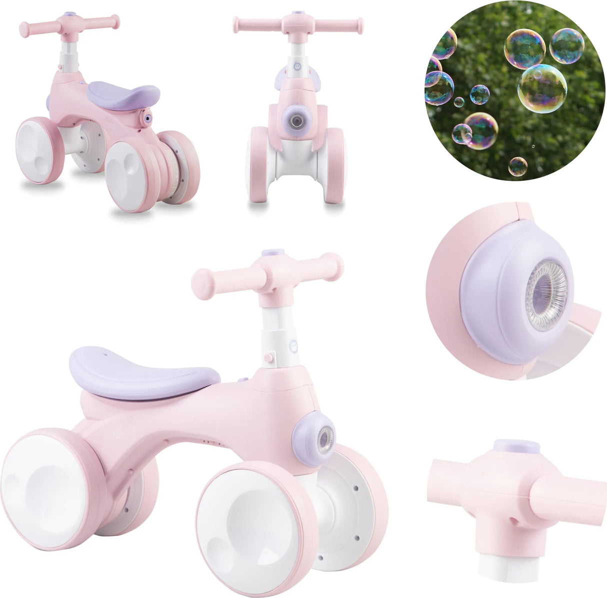 Rosa Kinderfahrzeug mit Blasenfunktion und stabilen Rädern