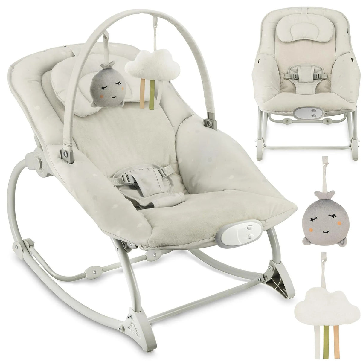 Beige Babywippe mit Spielbogen und hängenden Wolken-Spielzeugen