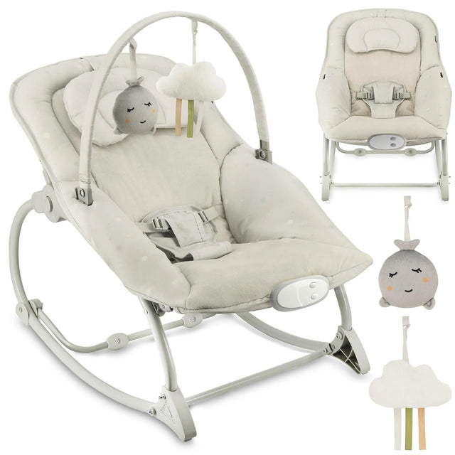 Beige Babywippe mit Spielbogen und hängenden Wolken-Spielzeugen