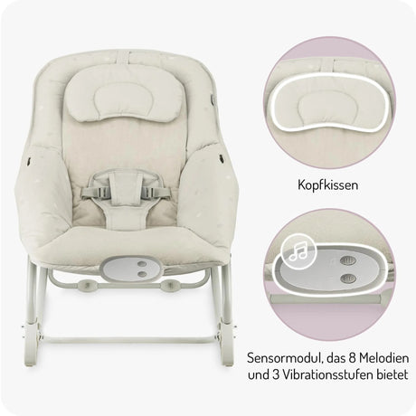 Babywippe mit Kopfkissen, Sensor-Modul und verschiedenen Melodien und Vibrationen