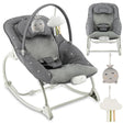 Grau gepolsterter Baby-Schaukelstuhl mit Spielbogen und hängenden Spielzeugen